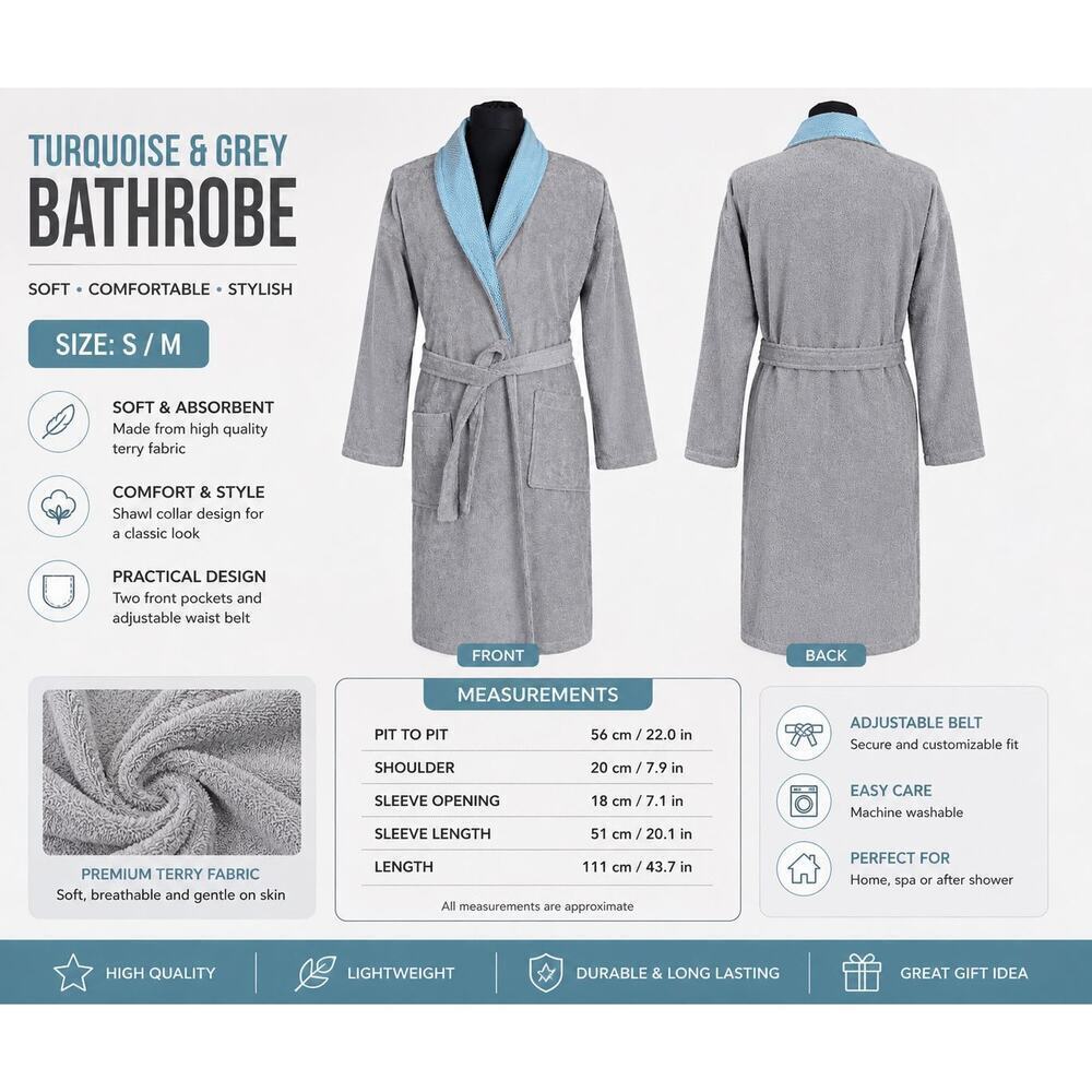 Grey Turkish Cotton Bathrobe Unisex S/M Soft Terry Spa Robe Belted - Picture 2 of 7